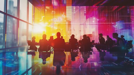 Silhouettes of people in a brightly lit conference room.  The room is filled with vibrant colors and light.  A sense of collaboration and innovation is evident.