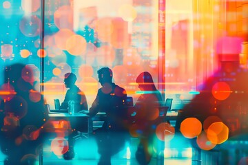 Silhouettes of people sitting at a table in a cafe with a blurred city skyline in the background.  The image is full of vibrant colors and energy.