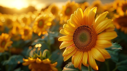 Fototapeta premium A close-up of a sunflower with vibrant yellow petals and a green center, surrounded by a field of other sunflowers. 