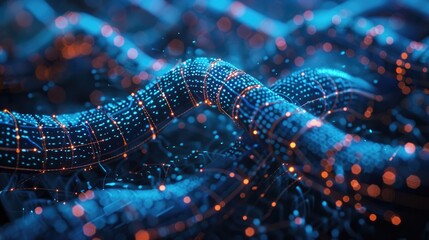 Abstract digital network with glowing nodes and lines, representing data flow and connection. Futuristic and modern.