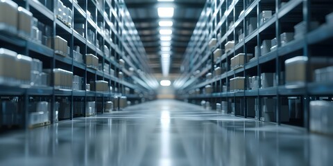 Futuristic smart warehouse with interactive digital overlays for efficient storage management. Concept Smart Warehousing, Digital Overlays, Efficient Storage, Futuristic Technology