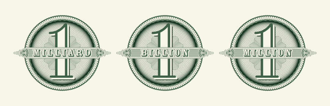Vector set of green stickers or badges. Tags in denominations of 1 million, billion and milliard. Collection of round vintage patterns with guilloche mesh. Many followers and subscribers.