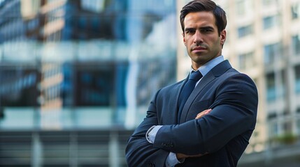 A confident business man in a sharp suit, standing with folded arms and a determined expression, set against a backdrop of a modern office building, representing professionalism, leadership, and