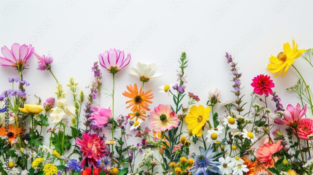 Canvas Prints colorful spring flower inflorescences on white paper background with space for text