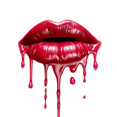 Red lips with dripping lipstick isolated on white background, dripping lipstick