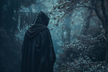 A sinister figure in a hooded cloak standing at the edge of a dark forest, watching intently.