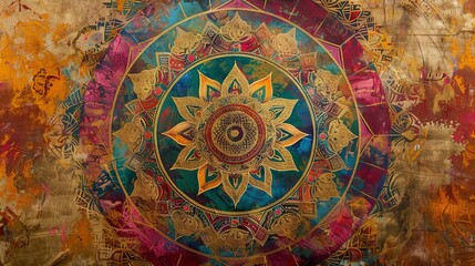 Colorful mandala vintage art with intricate mathematical shapes, ancient indian vedic background design and old painting texture