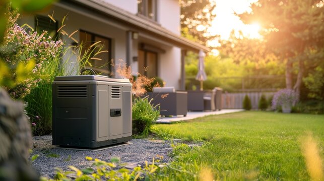 A Home Standby Generator installed at the backyard of a house. An air-cooled natural gas or liquid propane generator for residential use