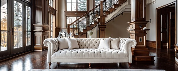 Luxurious living room setup featuring a velvet ivory sofa, elegant wood mantle staircase, and dark walnut floors. Large windows provide ample natural light, accentuating the sophisticated decor.