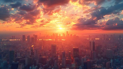 Fototapeta premium A stunning view of a city skyline at sunset, with the sun's rays illuminating the buildings and the sky filled with vibrant, colorful clouds.