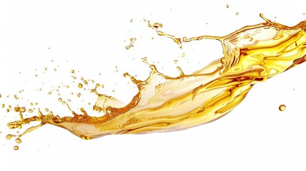 Yellow beer, oil or juice splashes. Realistic liquid beverage swirl, wave or drink flow with gold drops.