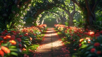 Obraz premium A garden pathway with a natural archway formed by trees and foliage, leading to a path lined with flowers, creating a blend of sun and shade.