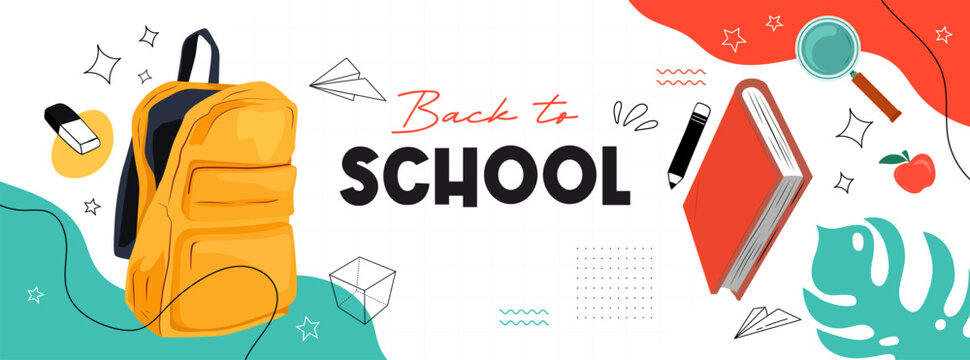 Back to school concept template design. With a linear design style. white background design with school bag, paper airplane and stationery elements. time to go back to school. education
