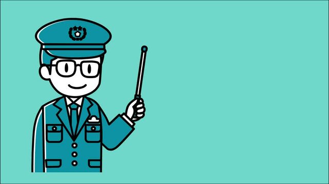 指示棒を持ち口パクで説明する男性警察官