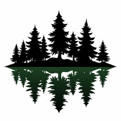 Reflection in water, pine tree forest vector art silhouette illustration.