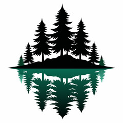 Obraz premium Reflection in water, pine tree forest vector art silhouette illustration.