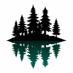Obraz premium Reflection in water, pine tree forest vector art silhouette illustration.