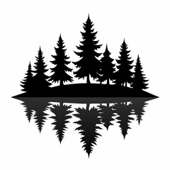 Obraz premium Reflection in water, pine tree forest vector art silhouette illustration.