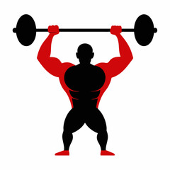 GYM muscle vector silhouette illustration holding a barbell overhead.