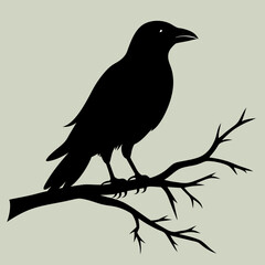 Crow icon sitting on a branch vector silhouette illustration.