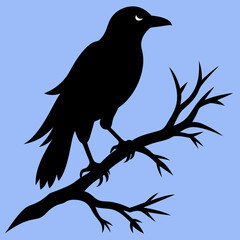 Crow icon sitting on a branch vector silhouette illustration.