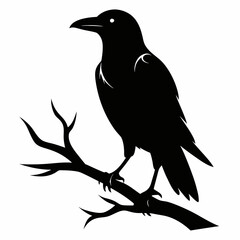 Crow icon sitting on a branch vector silhouette illustration.