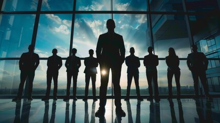 Silhouette of Business team standing against window with leader in front