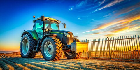Fototapeta premium Green Tractor Parked in a Field at Sunset