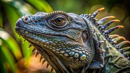 Obraz premium Majestic black iguana's scaly skin glistens in the dappled light of costa rica's parque nacional carara rainforest, its spiky dewlap and piercing eyes mesmerizing onlookers.,hd, 8k.