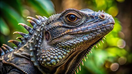 Fototapeta premium Majestic black iguana's scaly skin glistens in the dappled light of costa rica's parque nacional carara rainforest, its spiky dewlap and piercing eyes mesmerizing onlookers.,hd, 8k.