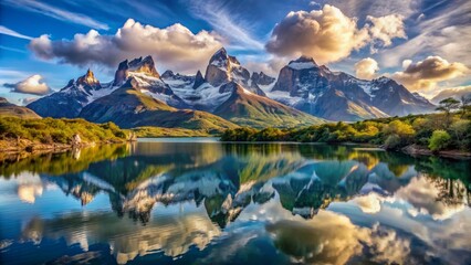 Obraz premium Serene lake reflects majestic cerro paine grande mountains in torres del paine national park, chile, showcasing untouched natural beauty in a tranquil atmosphere.,hd, 8k.