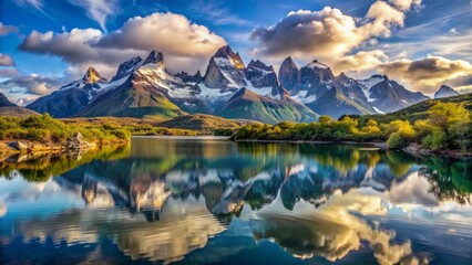 Serenity surrounds tranquil lake reflecting majestic cerro paine grande mountains in torres del paine national park, chile, capturing breathtaking beauty of untouched wilderness landscape.,hd, 8k.