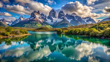 Serene torres del paine national park landscape featuring turquoise lake waters reflecting majestic cerro paine grande mountains, surrounded by lush greenery.,hd, 8k.