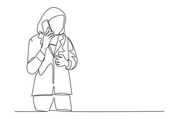 Single continuous line drawing of young businesswoman walking to the office and talking on smartphone with her business partner. Business call concept. One line draw graphic design vector illustration
