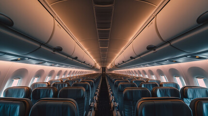 Fototapeta premium Photograph shows a pristine, empty aisle of an airplane, highlighting the symmetrical design