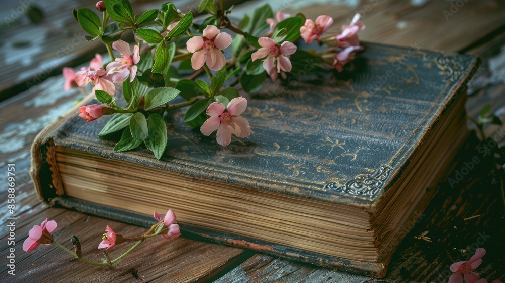 Canvas Prints Close up of antique book adorned with lovely flowers on wooden surface