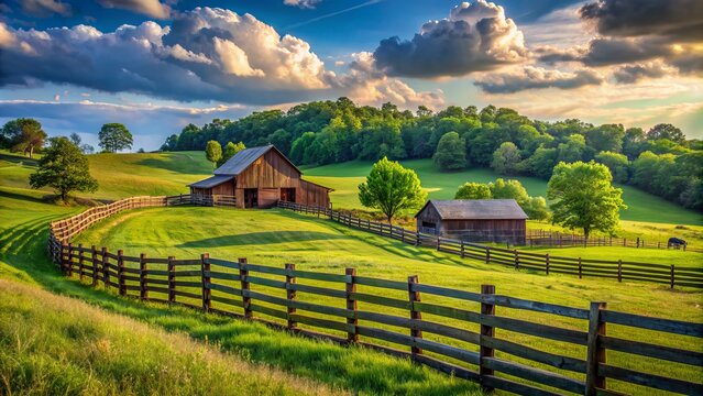 Rolling hills, wooden fences, and rustic barns blur by in a captivating hyperlapse sequence showcasing rural kentucky's picturesque countryside landscape.,hd,8k.