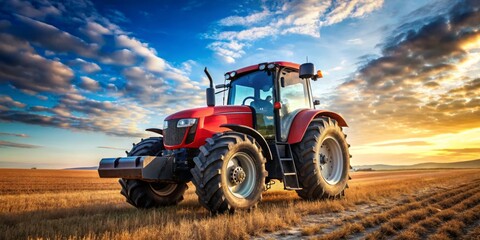 Red Tractor in a Field at Sunset