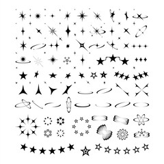 Star sparkle bling abstract tattoo shapes. Simple minimal geometric oval signs and symbols in trendy retro 2000s style. Space cosmos galaxy aesthetic
