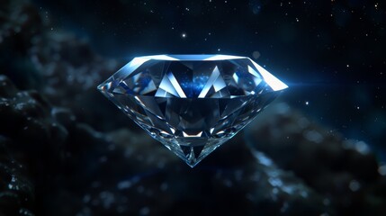 Sparkling blue diamond shining brilliantly against a dark background