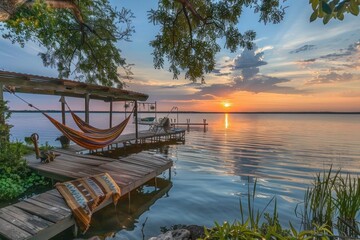 A serene lakeside retreat with a private dock, swaying hammock, and panoramic views of the water at sunset.
