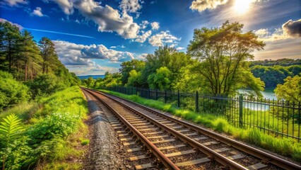Fototapeta premium Serene outdoor scene featuring a tranquil train track embankment with a rusty fence, lush greenery, and a clear blue sky with few white clouds.,hd,8k.