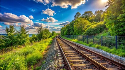 Fototapeta premium Serene outdoor scene featuring a tranquil train track embankment with a rusty fence, lush greenery, and a clear blue sky with few white clouds.,hd,8k.