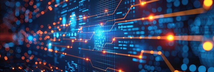 Obraz premium Abstract digital technology background with glowing blue and orange lines, representing data flow and modern computer networks.
