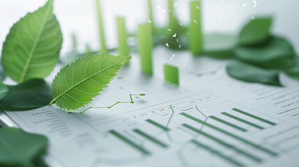 A financial document featuring green graphs and charts lies on a desk, adorned with fresh green leaves. This image symbolizes sustainable investment and environmental growth, with ample copy space