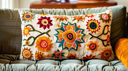 A suzani embroidered pillow cover with vibrant floral and geometric patterns in shades of saffron, emerald, and crimson.