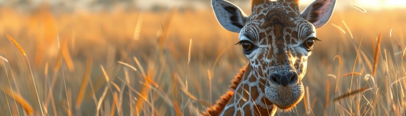 Close-up of a giraffe calf in a golden savannah landscape with soft morning light, showcasing its curious expression and intricate fur patterns.