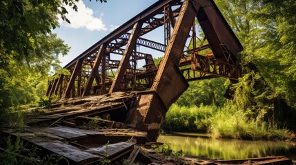 Decaying railway bridge covered in rust, silent and neglected