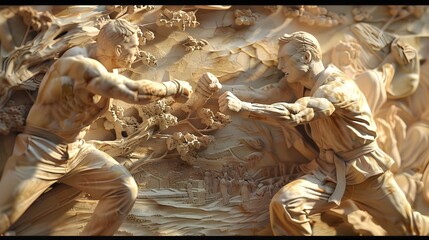 Intricate 3D Carving Depicting Dynamic Krav Maga Self Defense Scenarios