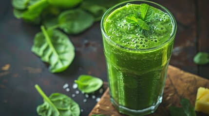 Blended green smoothie with mint, spinach, and pineapple